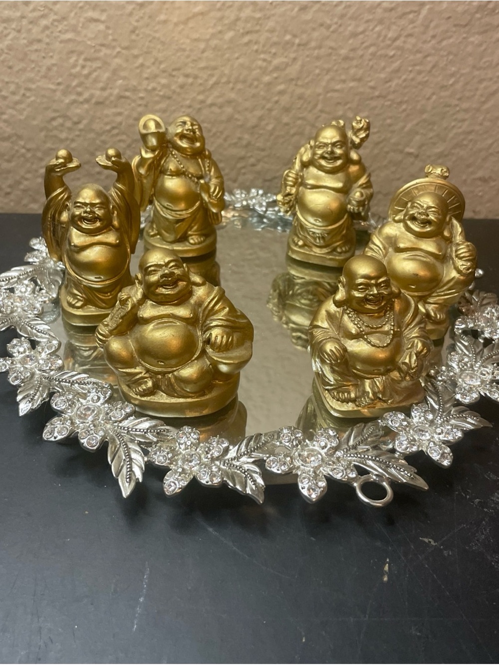 Set of 6 Feng Shui Gold Tone Composite 3” Laughing Buddha Figurines
